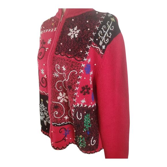 Vtg Christmas Erika Zip-Up Beaded Red Holiday Cardigan Sweater Women's Large - Picture 3 of 5